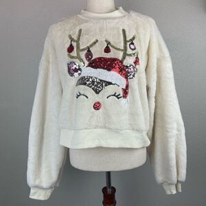 Third Wish Cropped Reindeer Sequined Holiday Sweater Size L
